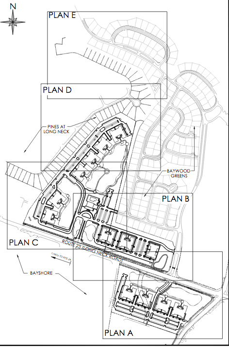 Split by Long Neck Road, the proposed Baywood Gardens apartment complex would have 354 apartments in nine buildings in the northern section and 160 units in four buildings in the southern section.